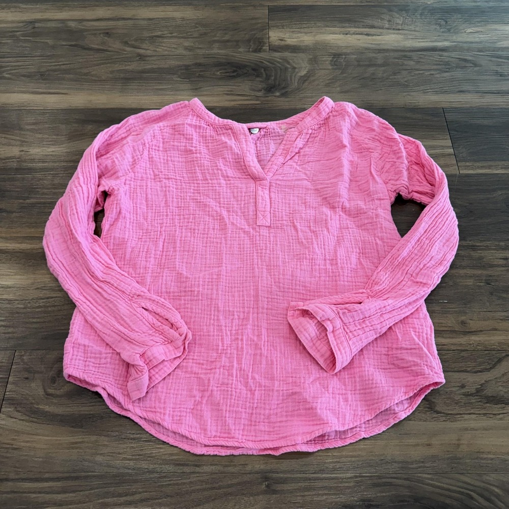 Margaret O'Leary Blouse Womens XS Pink Gauze V Neck Long Sleeve Boho Lightweight